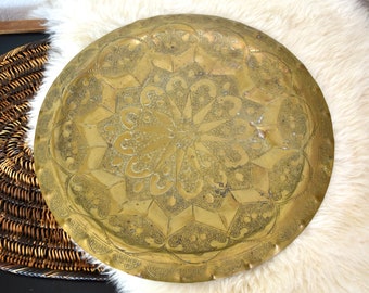 Vintage etched brass tray...engraved brass tray...Middle Eastern brass tray with hanger.