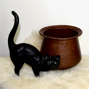 May include: A black cast iron cat figurine with a long tail, standing on a white fluffy rug next to a brown ceramic pot.