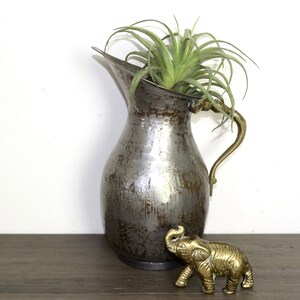 May include: A silver metal pitcher with a brass handle and a brass elephant figurine. The pitcher has a distressed finish and is filled with a green air plant.