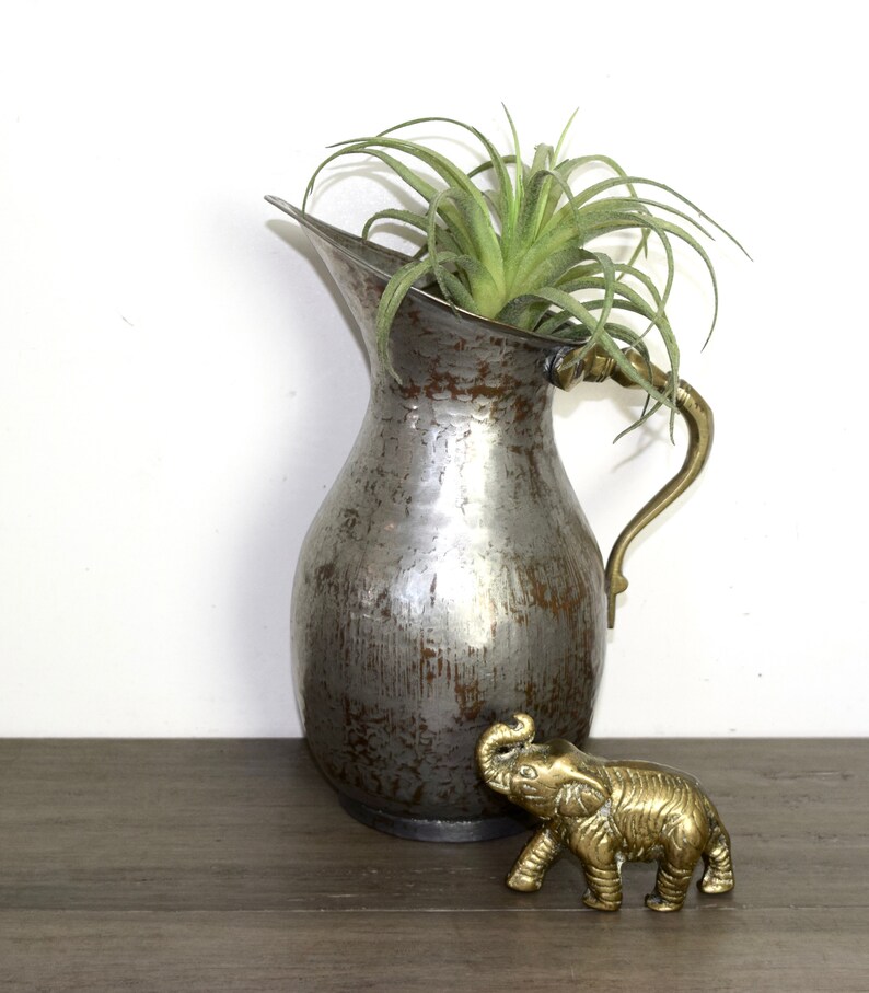 May include: A silver metal pitcher with a brass handle and a brass elephant figurine. The pitcher has a distressed finish and is filled with a green air plant.