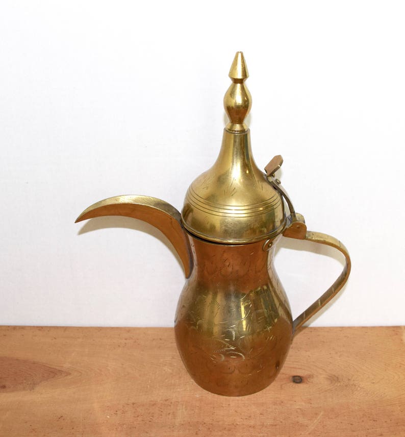 Vintage Dallah Arabic coffee pot...large brass Dallah...Arabic coffee pot...engraved brass Dallah...etched brass Dallah.