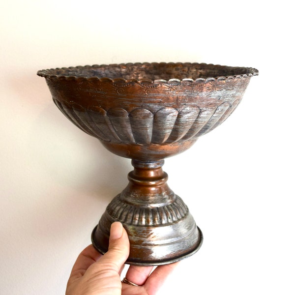 Vintage Middle Eastern copper bowl…copper pedestal bowl...etched copper bowl.