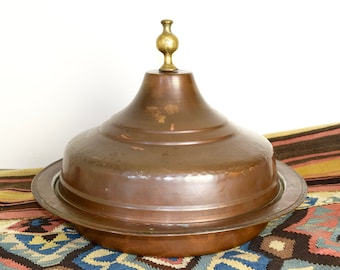 Vintage Turkish copper tagine...huge Turkish copper serving pan with lid...hammered copper covered pan...tin inside...18".