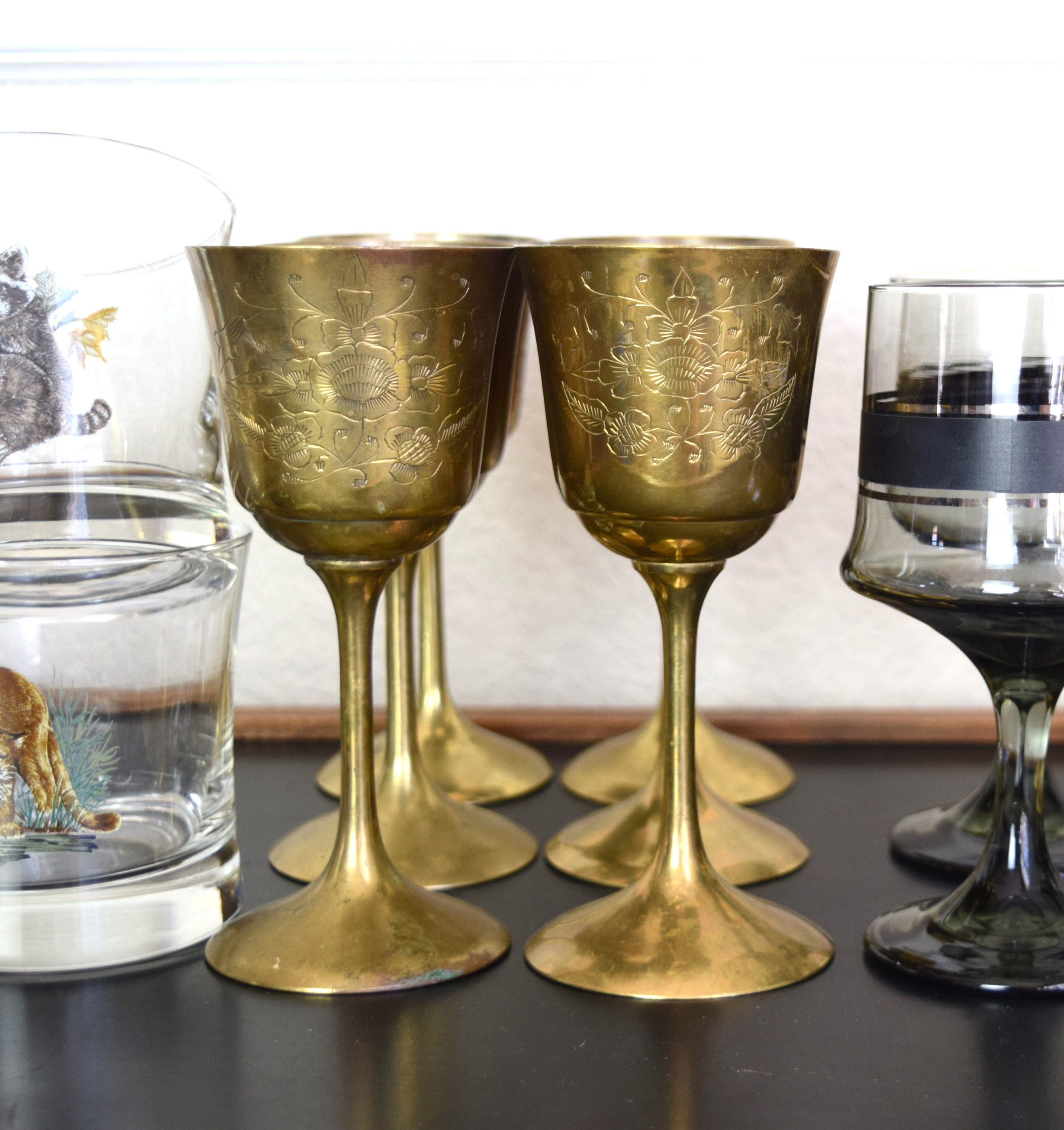 Vintage Brass Wine Glasses6 Small Wine Glasses Etched With