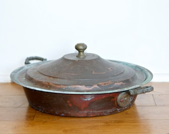 Vintage copper roasting pan with brass handles...copper pan with lid…copper bowl with lid...copper cookware...