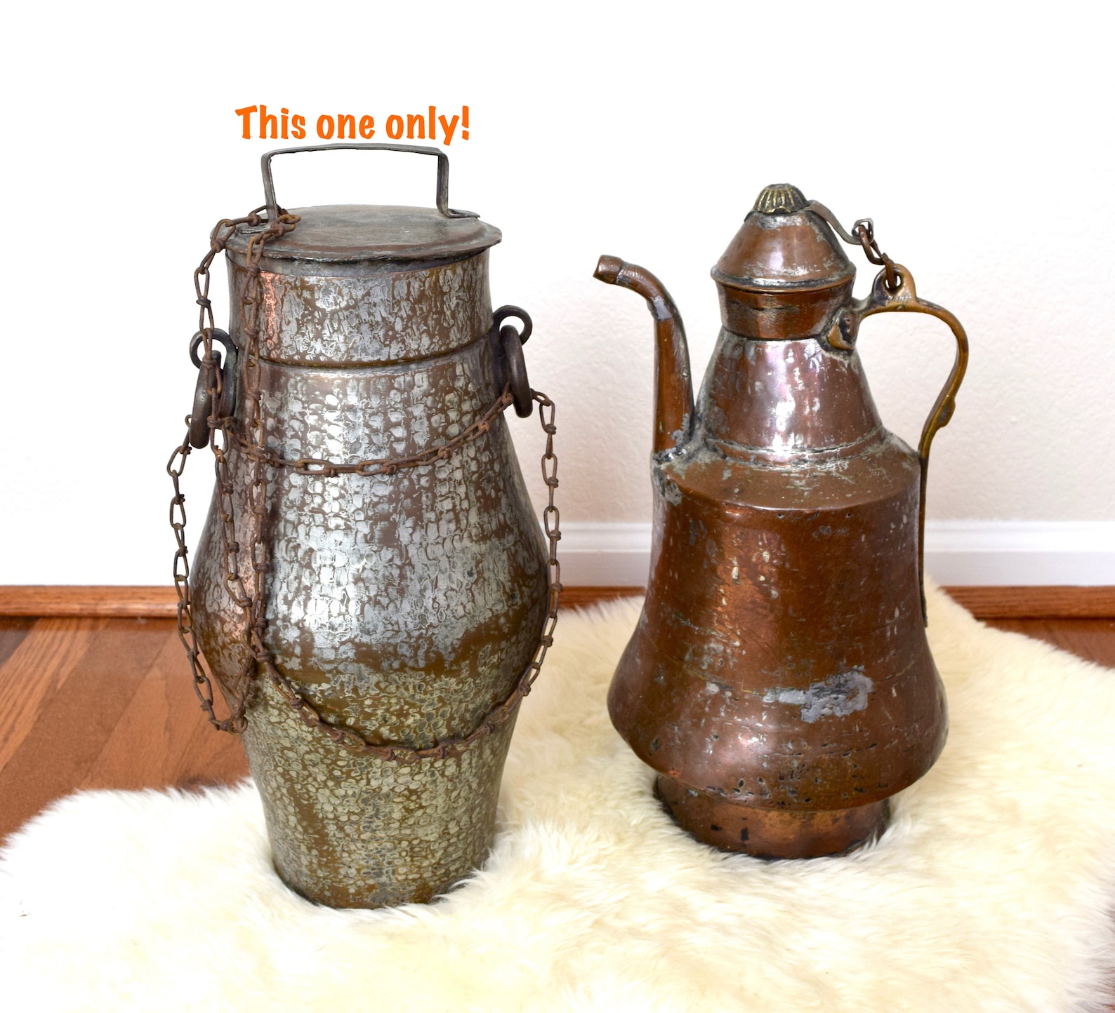 Antique Middle Eastern Copper Vessel With Chain...tinned Copper Water