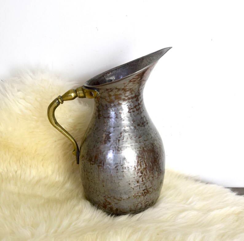 May include: A silver pitcher with a hammered finish and a brass handle. The pitcher is sitting on a white faux fur rug.