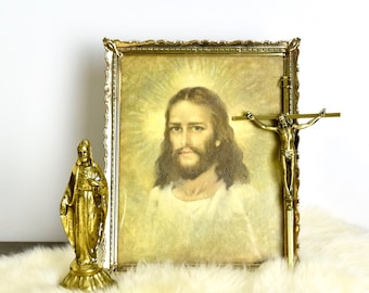 Vintage Florence Kroger Jesus Print, Gilt Metal Frame, Mid-Century Religious Art