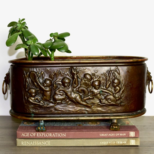 Antique A. Arens Anvers brass jardiniere with lion's head handles and paw feet...Belgian brass planter...made in Belgium...Art Nouveau.