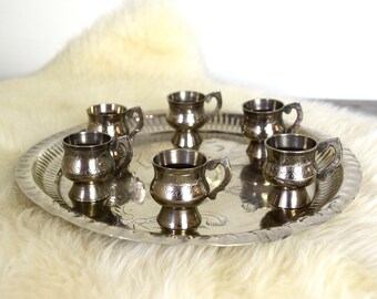 Vintage tray and cups...silver tone brass tray with 6 mini cups...etched cups and tray.