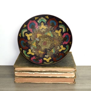 Vintage enameled brass bowl…large enameled brass bowl...embossed brass bowl...footed brass bowl.