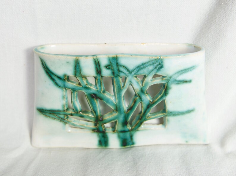 Vintage Asian wall planter\u2026ceramic wall hanging planter...bamboo design pocket planter...mail holder...wall pocket.