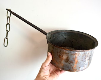 Antique copper pan with long iron handle and chain...tin coated copper fireplace pan...hanging copper pan.