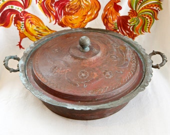 Vintage copper roasting pan with brass handles...copper pan with lid…copper bowl with lid...copper cookware...