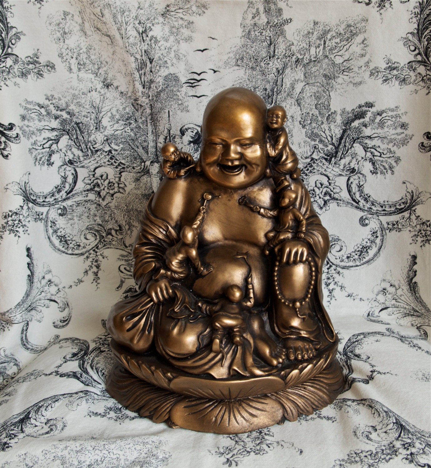 SALE...Large Laughing Buddha on lotus with childrengold or Etsy