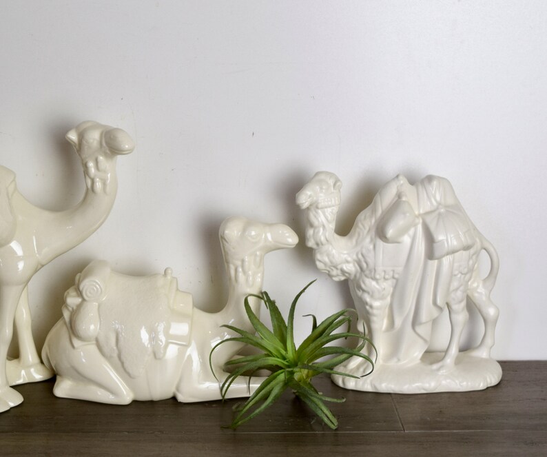 May include: Three white ceramic camel figurines. The camels are in various poses, with one standing and two lying down. The camels have saddles and blankets on their backs. The figurines are on a wooden surface.