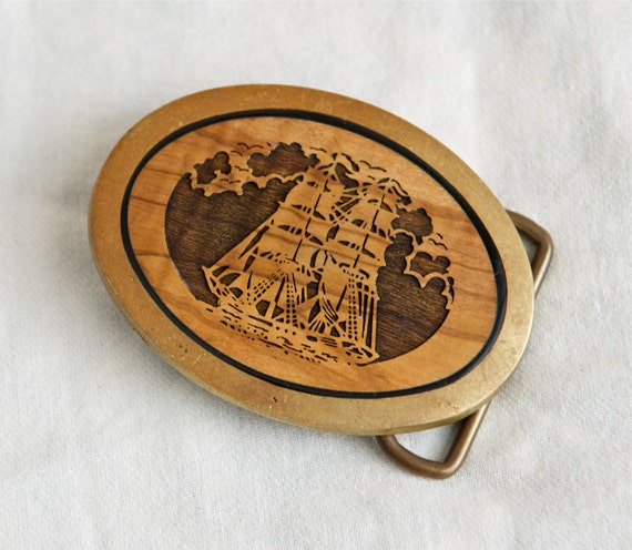 Vintage Brass Belt Bucklesolid Brass Buckle With Carved Wood