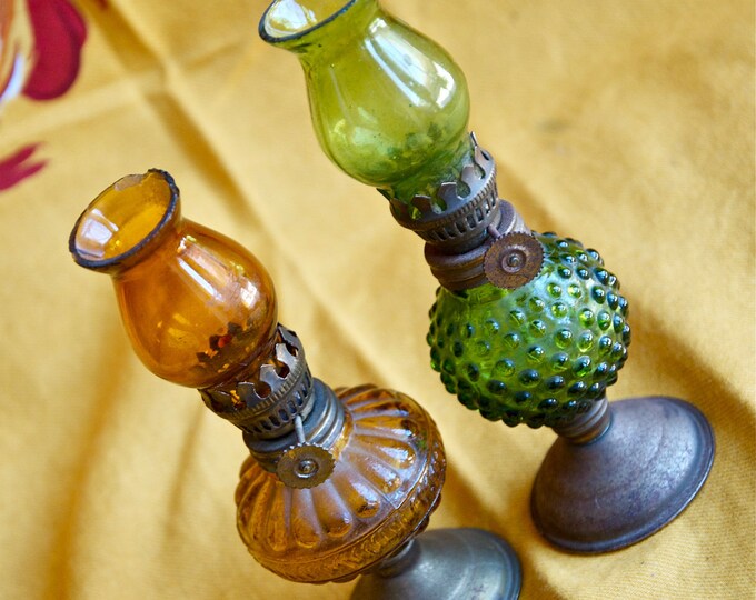 Two Vintage Mini Oil Lamps...green and Yellow Glass Lamps. Etsy