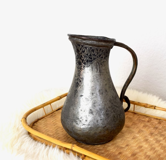 Vintage copper pitcher...Middle Eastern tinned copper pitcher...tin on copper pitcher.