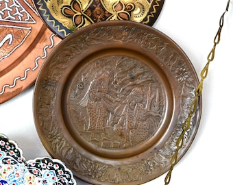 Vintage etched copper plate or tray...engraved with woman serving man wine...ghalamzani...Indo Persian...