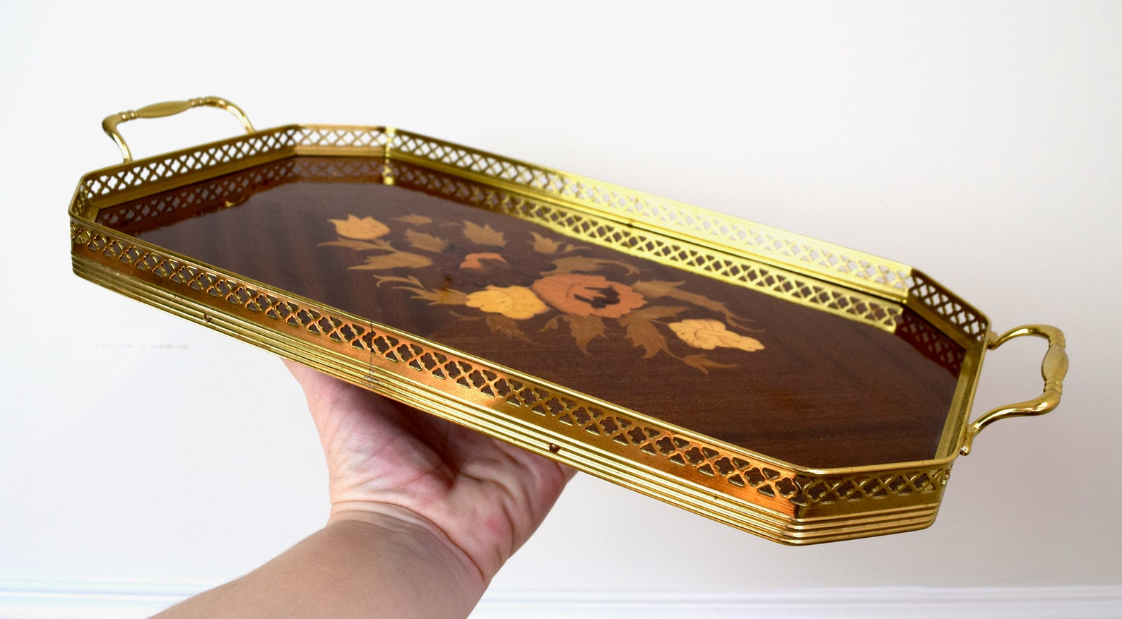 Vintage Italian wood tray...inlaid wood gallery tray....brass Etsy