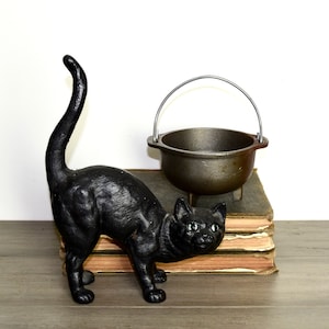 May include: A black cast iron cat figurine with a raised tail, standing on a stack of old books next to a small cast iron cauldron with a metal handle.