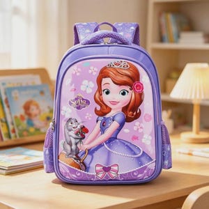 May include: A purple backpack featuring a graphic of Sofia the First with a rabbit on the front panel. The bag has a molded front, side mesh pockets, and padded shoulder straps with a heart pattern. The text Sofia the First is printed on the front.