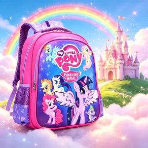 May include: A bright pink backpack featuring a My Little Pony Friendship is Magic graphic on the front panel. The design includes multiple pony characters, a blue background, and side mesh pockets. The backpack has adjustable straps and zippers.