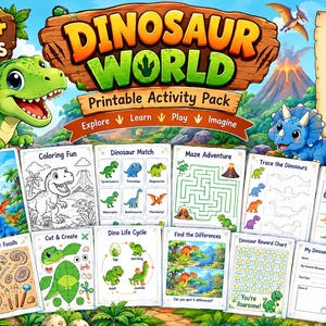 May include: A Dinosaur World printable activity pack featuring over 50 pages of content including coloring pages, puzzles, mazes, tracing, matching games, and crafts. The set includes various dinosaur-themed worksheets and a journal.
