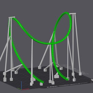 Puede incluir: Un modelo digital 3D de una sección de pista de montaña rusa de color verde brillante que presenta un bucle vertical único. La estructura está sostenida por múltiples pilares verticales grises y se muestra sobre una plataforma de rejilla gris oscuro con el texto ELEGOO.