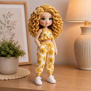 May include: A handcrafted crochet doll with voluminous curly golden hair adorned with a small white flower. The doll wears a two-piece outfit featuring a yellow and white daisy pattern, consisting of a cropped tank top and matching drawstring joggers.