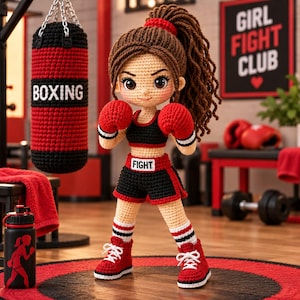 Virkat mönster för boxningsflickadocka i PDF-format, amigurumihandskar för fighters och sport