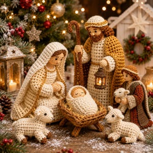 Virkat julkrubbamönster PDF, Julens julkrubba, Heliga familjen Amigurumi, Maria Josef Jesusbarnet