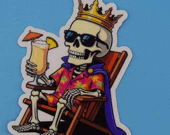 King Skeleton Beach Chair Sticker, Skeleton Summer, Chilling Skeleton Sticker