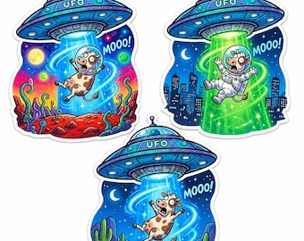 Alien Cow Abduction Vinyl Stickers, For Water Bottles and Tech Gear