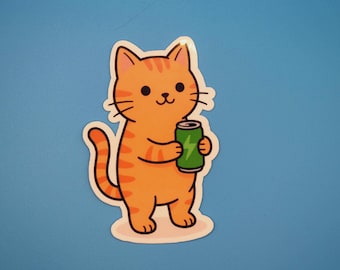 Gamer Cat with Energy Drink Vinyl Sticker, For Water Bottles and Tech Gear