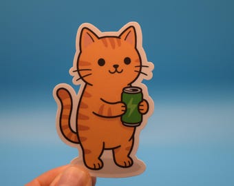 Gamer Cat with Energy Drink Vinyl Sticker, For Water Bottles and Tech Gear