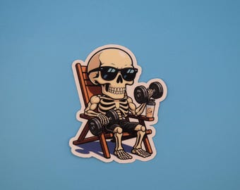 Skeleton GymBro Vinyl Sticker, Beach Gym Sticker, Summer Skeleton Sticker
