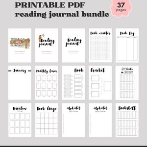 May include: A printable PDF reading journal bundle with 37 pages, featuring various templates like a book counter, book log, monthly favorites, book bracket, 27 books in 2027, rainbow challenge, book bingo, alphabet challenges, and a bookshelf tracker.