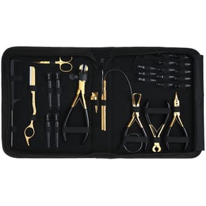 May include: A black zippered carrying case containing a set of gold and black hair extension tools. The kit includes a comb, a razor, four clips, three pairs of pliers, a needle threader, and a collection of small metal rings organized in the case.