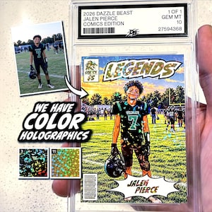 May include: A graded 2026 Dazzle Beast Jalen Pierce Comics Edition trading card featuring a holographic comic book illustration of a football player in a number 7 jersey on a field, with a small inset photo and text reading Legends.