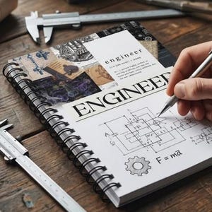 Può includere: Un taccuino a spirale con una copertina che riporta la parola ENGINEER, diagrammi tecnici e una definizione. La pagina mostra una mano che scrive con una penna argentata su uno schema di circuito, un ingranaggio e l'equazione F = ma.