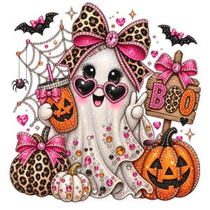 May include: A glittery ghost illustration wearing heart-shaped sunglasses and a large leopard print bow. The ghost holds a pumpkin-shaped cup and makes a peace sign. It is surrounded by bats, a spider web, pumpkins, and a sign that says BOO.