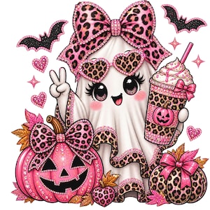 May include: A white ghost character wearing a large pink leopard print bow and heart-shaped leopard print sunglasses. The ghost holds a pink leopard print drink cup and makes a peace sign. Two pink pumpkins with leopard print bows are present.