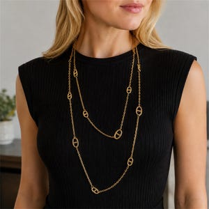 Long Gold Sautoir Necklace, Minimalist Chain Necklace, Elegant Layering Necklace, Oval Link Pendant Necklace, Dainty Gift For Her