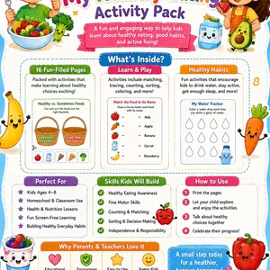 Op de afbeelding: Een educatieve poster My Healthy Eating Activity Pack met cartoonkinderen, fruit en groenten. De tekst bevat secties getiteld What's Inside, Learn & Play, Healthy Habits, Skills Kids Will Build en How to Use, met kleurrijke afbeeldingen en iconen.