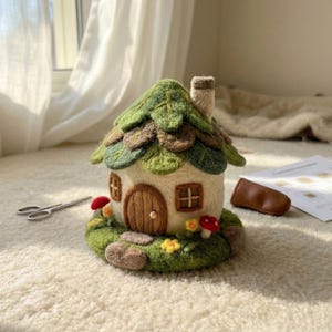 May include: A needle-felted house sculpture featuring a cream-coloured base, a brown arched door, and a roof layered with green and brown felt leaves. The structure includes a small chimney, two windows, and a base decorated with felt mushrooms.