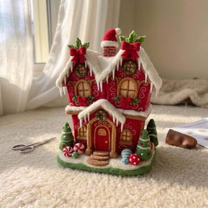 May include: A needle-felted gingerbread house decoration in red and white, featuring a chimney with a Santa hat, snow-covered roof with icicles, green holly accents, red bows, arched windows, a central door, and small felted trees and candies.