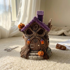 May include: A needle-felted tree house sculpture featuring a brown textured trunk, a purple roof, and a chimney. The structure includes a central door, two small orange lanterns, and two orange jack-o'-lanterns. A gray tombstone with the text RIP is attached to the side.