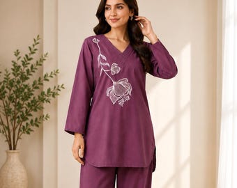 Women’s Purple Co Ord Set, Floral V Neck Top and Wide Leg Pants, Modest Two Piece Outfit